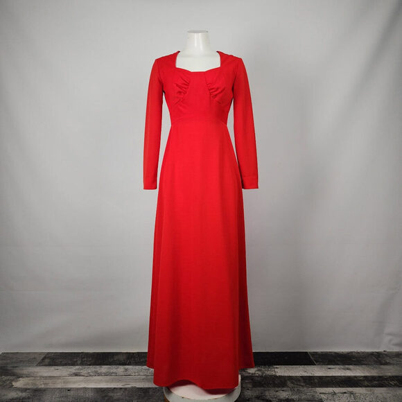 Vintage Red Long Sleeve Maxi Dress Size S/M - Picture 1 of 10